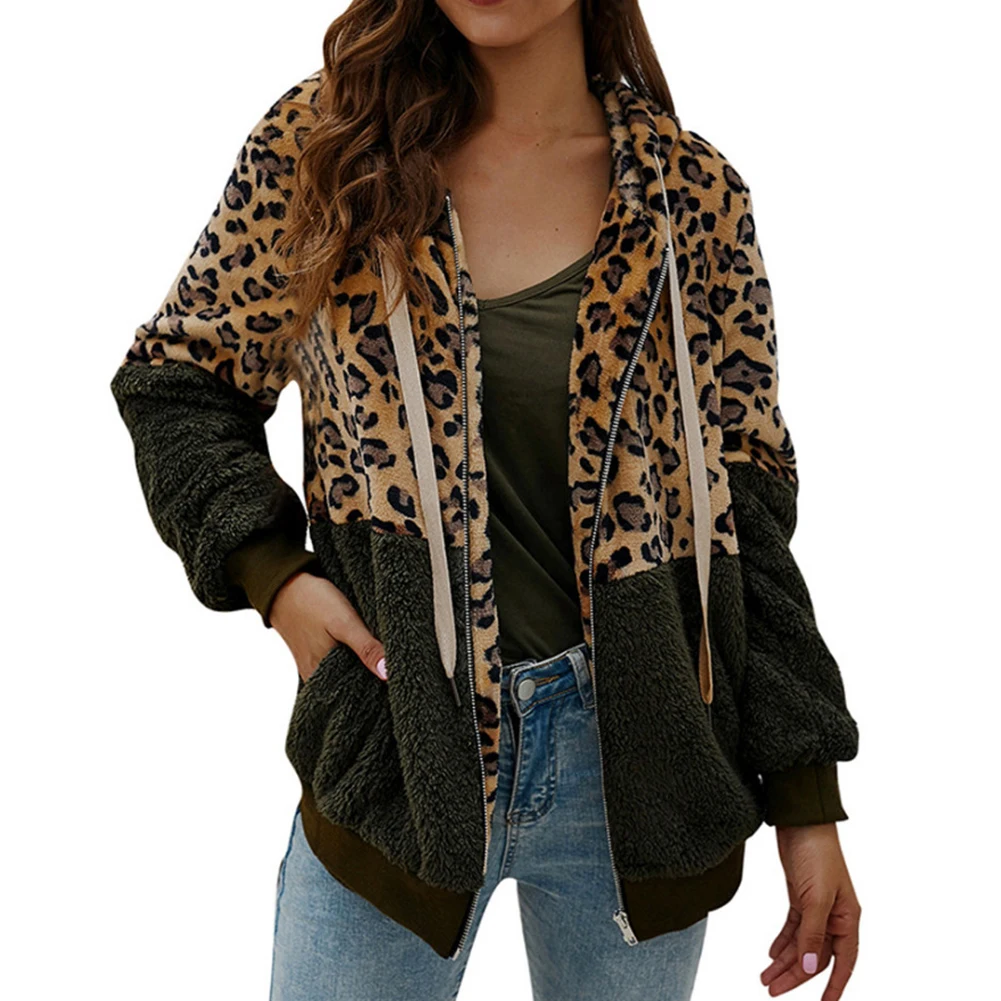Зимняя куртка на молнии из искусственного меха с леопардовым принтом, женское теплое пальто с капюшоном и длинным рукавом, теплое Женское пальто из искусственного меха, S-2XL зимнее пальто