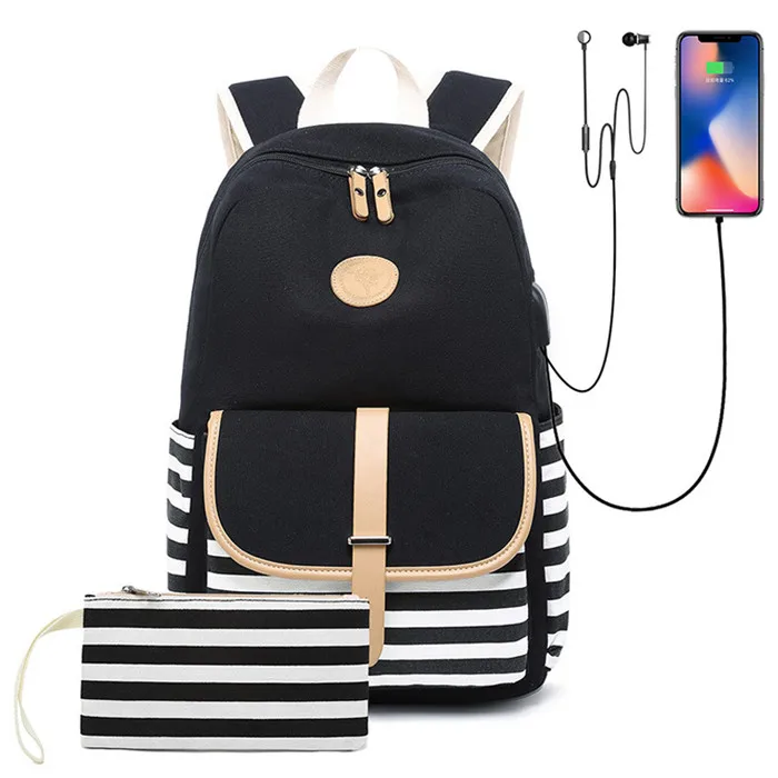 style2-2pcs-black 2 комплекта USB школьные сумки для подростков рюкзак для девочек и мальчиков сумка для ноутбука для женщин рюкзаки с сумкой для телефона полосатый принт Bolsas - Цвет: style2-2pcs-black