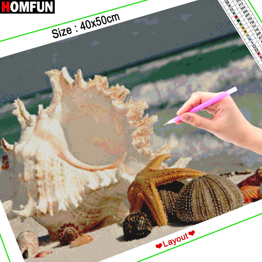 HOMFUN Diamond Painting Cross Stitch Beach shell conch scene Full Square Round Diy 5d Diamond Embroidery Picture Rhinestone Art diamond painting diamond painting accessories