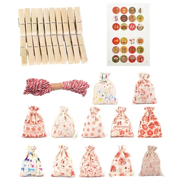 

Hot Stamping Pattern Christmas Gift Bag Set Christmas Deer Santa Claus Linen Drawstring Drawstring Pocket Cute Candy Bag