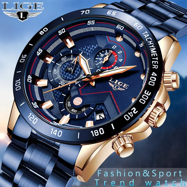LIGE мужские часы новые синие модные бизнес часы лучший бренд класса люкс все стальные водонепроницаемые кварцевые золотые часы Relogio Masculino