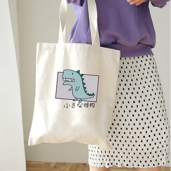 

Animal Cartoon Dinosaur Print Canvas Bag with Zipper Closure Unisex Tote Bags Shopping Bag Shoulder Bag Reuse Foldable Kawaii