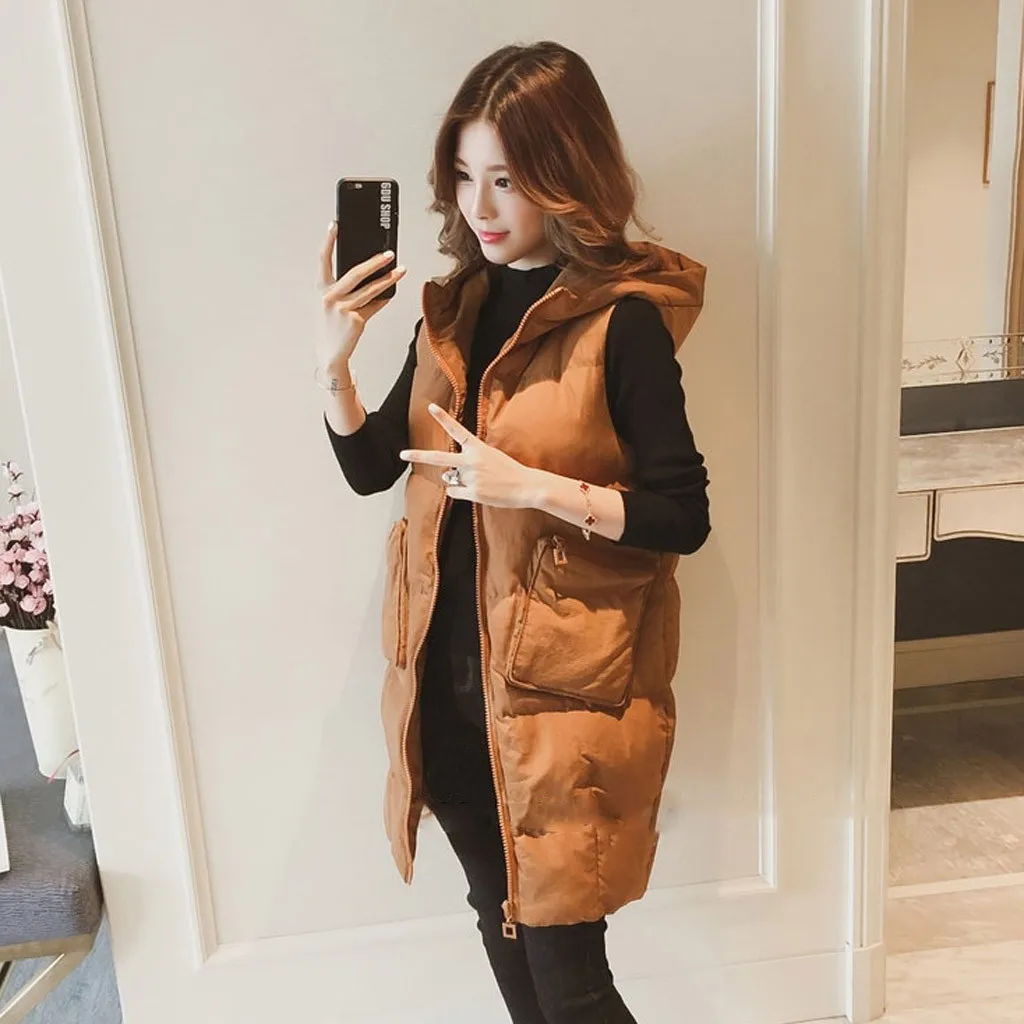 JAYCOSIN Ladies New Fashion Stand Collar Wild Long Vest Casual Solid Color Warm Hooded Cotton Vest Autumn And Winter Hot Jacket