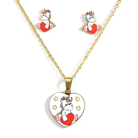 Cute Pink Horse Unicorn Design Enamel Stainless Steel Gold Color Necklaces earring Set Fashion Jewelry Kids Gift