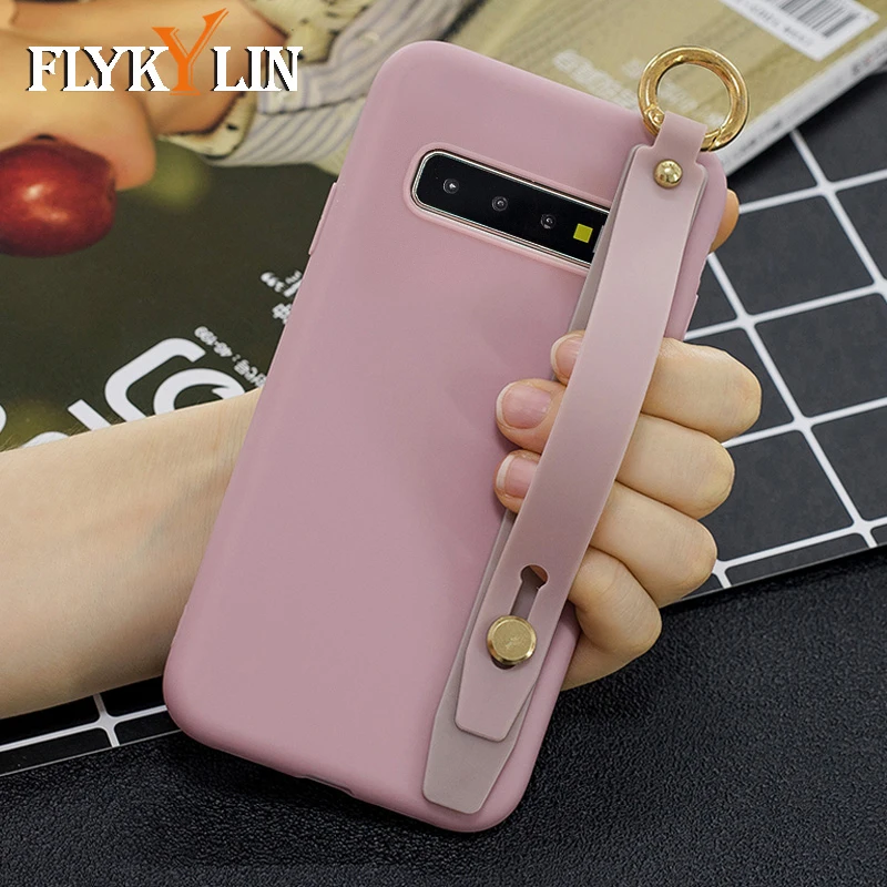 

FLYKYLIN Candy Color Case For Samsung Galaxy S10 Plus S10e S9 S8 Back Cover on Note 8 9 10 Soft Silicone Wrist Strap Phone Coque