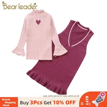 

Bear Leader 2020 New Fashion Long Sleeve Knitted Suits Solid Tops and Ruffles Vest Dress Vintage Children Outfits Kids Clothing
