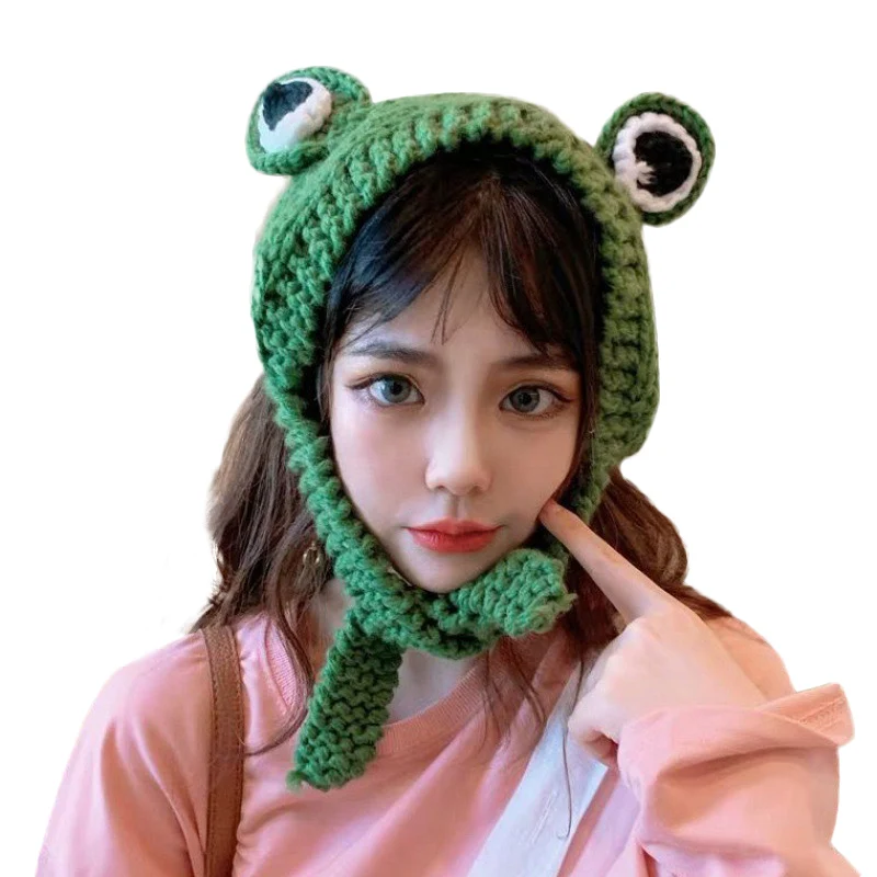 Новая женская шапка в Корейском стиле для девочек, новинка, милая вязаная шапка с большими глазами лягушки, мягкая теплая удобная зимняя Лыжная шапка с ушками