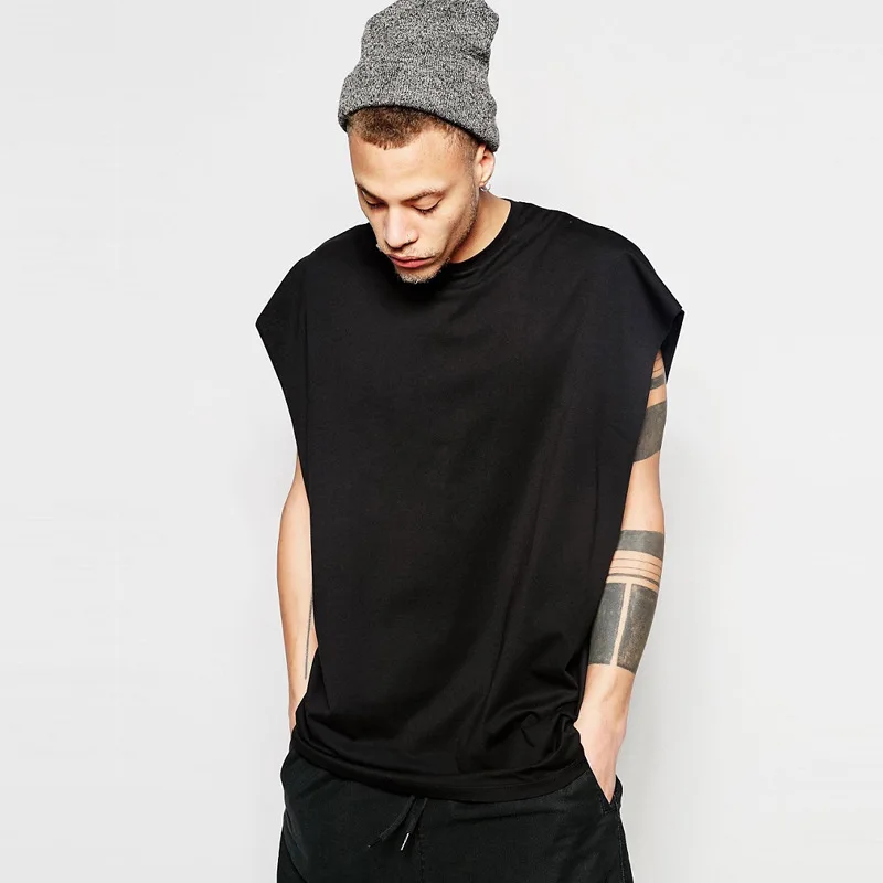 

Men's off Shoulder Width Loose Sports T-shirt High Street Stylish Sleeveless Hip Hop Solid Color Top