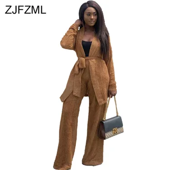 

Plush Warm Solid Causal Two Piece Winter Set Women Full Sleeve Belted Slim X-Long Coat and Long Wide Leg Pants Plus Size Set