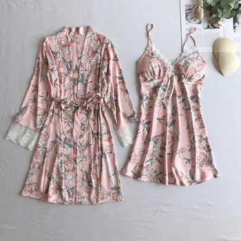 

Women Kimono Gown Soft 2PCS Robe Suit Print Floral Sleepwear Nightwear Soft Nightgown Home Dress Casual Lougne Intimate Lingerie