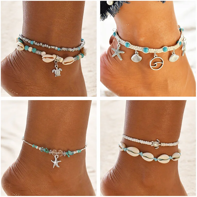

Turtle Shell Starfish Pendant Anklets Women Stone Beads Shell Anklet Bohemian Bracelets On Leg Beach Ocean Jewelry Drop Shipping