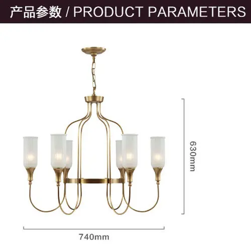 American country pure copper LED lighting fixtures living room hanging lamp bedroom glass dining room study chandelier