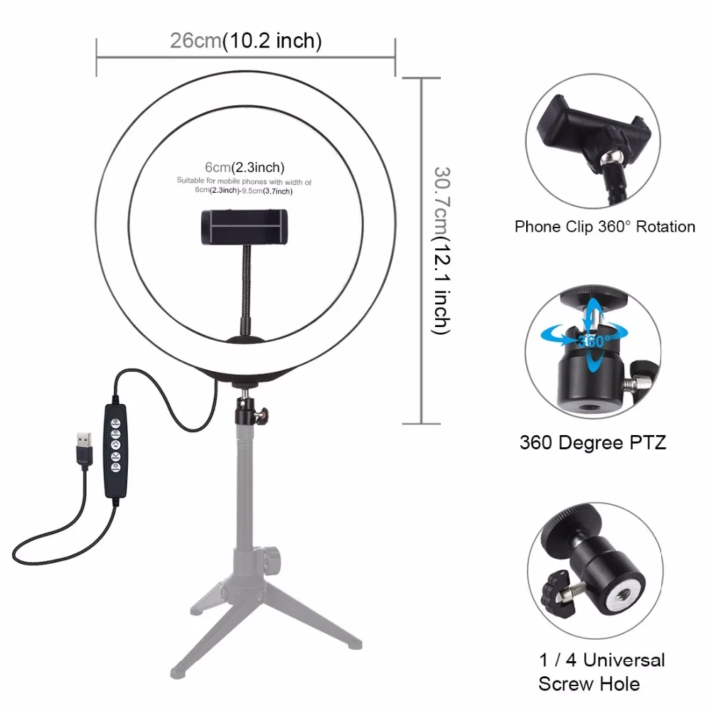 PULUZ 10.2 inch 26cm USB 10 Modes RGBW Dimmable LED Ring Vlogging Photography Video Lights with Cold Shoe Tripod Ball Head
