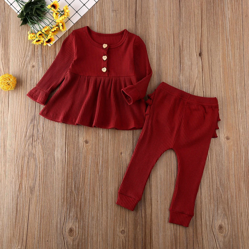 Emmababy одежда для маленьких девочек трикотажное платье с длинными рукавами, оборками и пуговицами+ леггинсы с оборками, комплект со штанами на осень