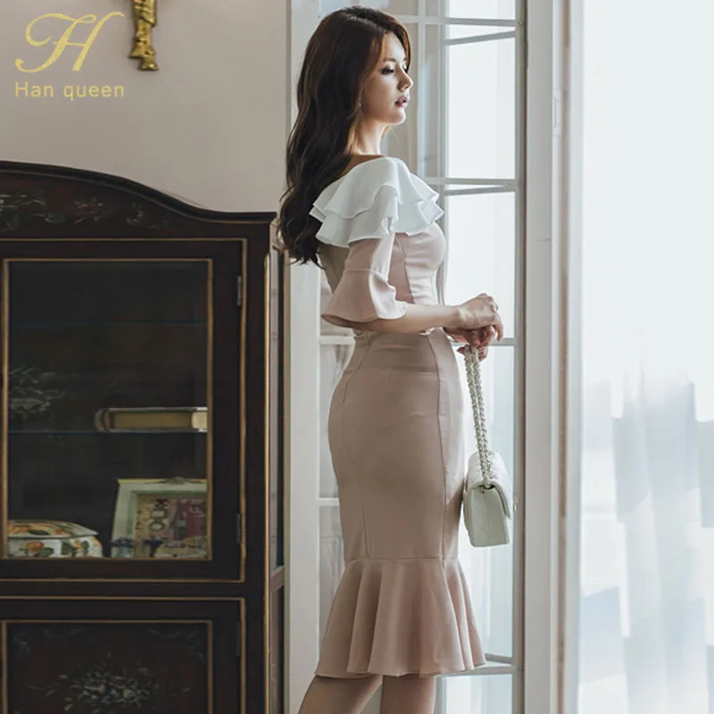 H Han Queen Ruffles Slash Neck Mermaid Bodycon Dress Women Autumn Sexy Flare Sleeve Dresses OL Patchwork Work Wear Vestidos
