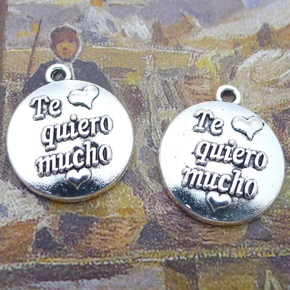 

10 PCS/Lot 16mm*18mm Pendant Antique Silver Color Word Tag Charms Printed Te quiero mucho For DIY Jewelry Making DIY