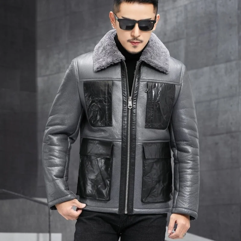 

New Winter Mens Short Natural Fur Coat Loose Turn-Down Collar Genuine Leather High Quality Casual Warm Biker Jacket Thicken