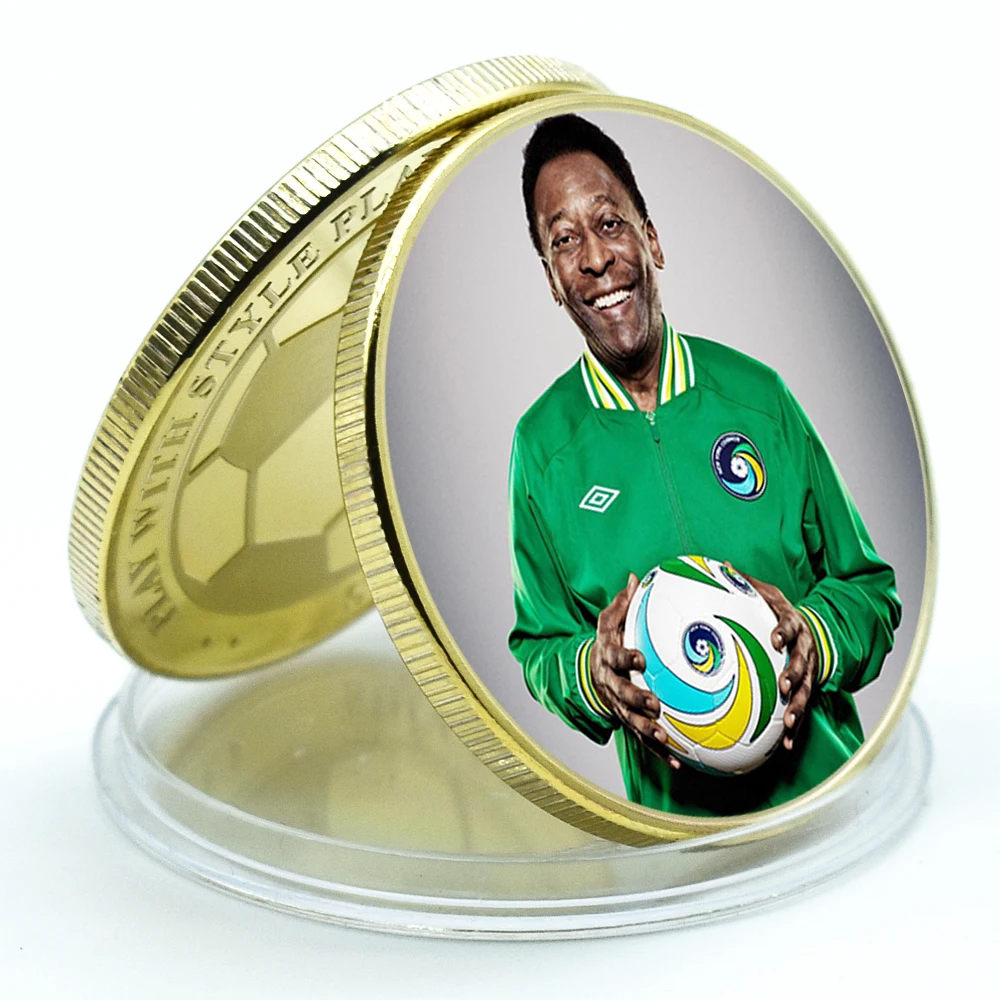 The King of Football Pele Gold Plated Commemorative Coin Set with Coin Holder Football Challenge Coins Souvenir Gift