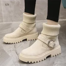 LZJ г. Новые модные зимние ботинки на платформе женская обувь черные ботинки на шнуровке замшевые ботильоны без застежки с пряжкой, botas Mujer