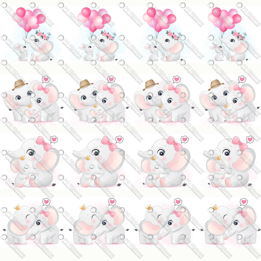 

1-1/2" Cute Elephant Printed Custom Design Cartoon for DIY Crafts Hair Bow Lanyard/Satin /3" Grosgrain Ribbon CA250