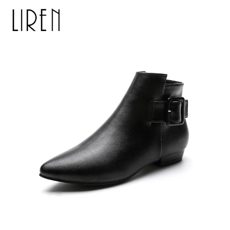 

Liren 2019 Spring/Autumn Women Fashion Split Leather Ankle Zip Boots Pointed Wrapped Toe Low Flat Heels Comfortable Boots
