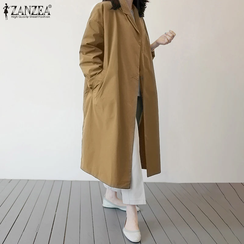 ZANZEA Oversized Women's Trench 2020 Elegant Ladies Single-button Coat Autumn Casual Solid Windbreaker Lapel Cloak Oversize 5XL