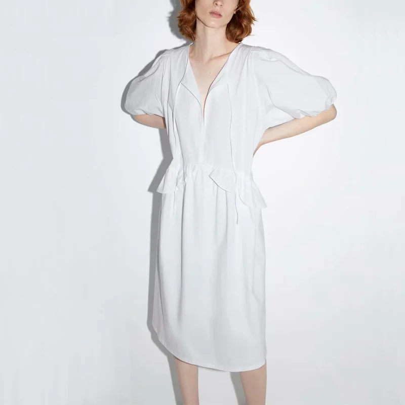 

Summer women dress casual solid color round neck short-sleeved dress frills