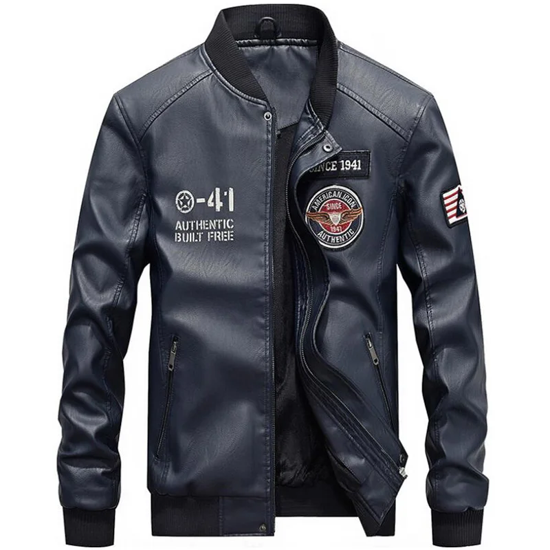 Кожаная куртка мужская повседневная флисовая утепленная искусственная кожа пальто для колледжа Basebal Moto байкерская куртка-бомбер jaqueta de couro masculino - Цвет: 7705 navy