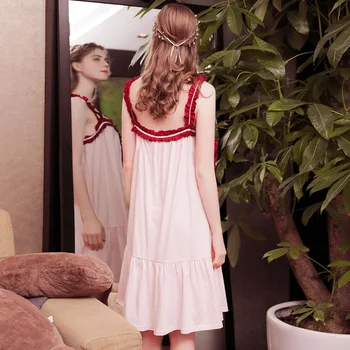 

Romantic Women Nightwear Cotton Korean Sleep Dress Summer Ladies Lingerie Sling French Princess Night Dress Ruffles Sleepwear
