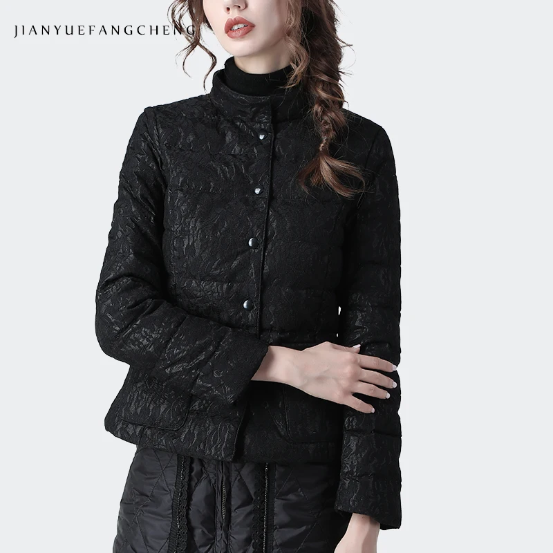 Женский пуховик, модный, кружевной, с аппликацией, с вышивкой, черный, короткий, тонкий, пуховик, новинка, зимний, теплый, светильник, белый, утиный пух, куртки