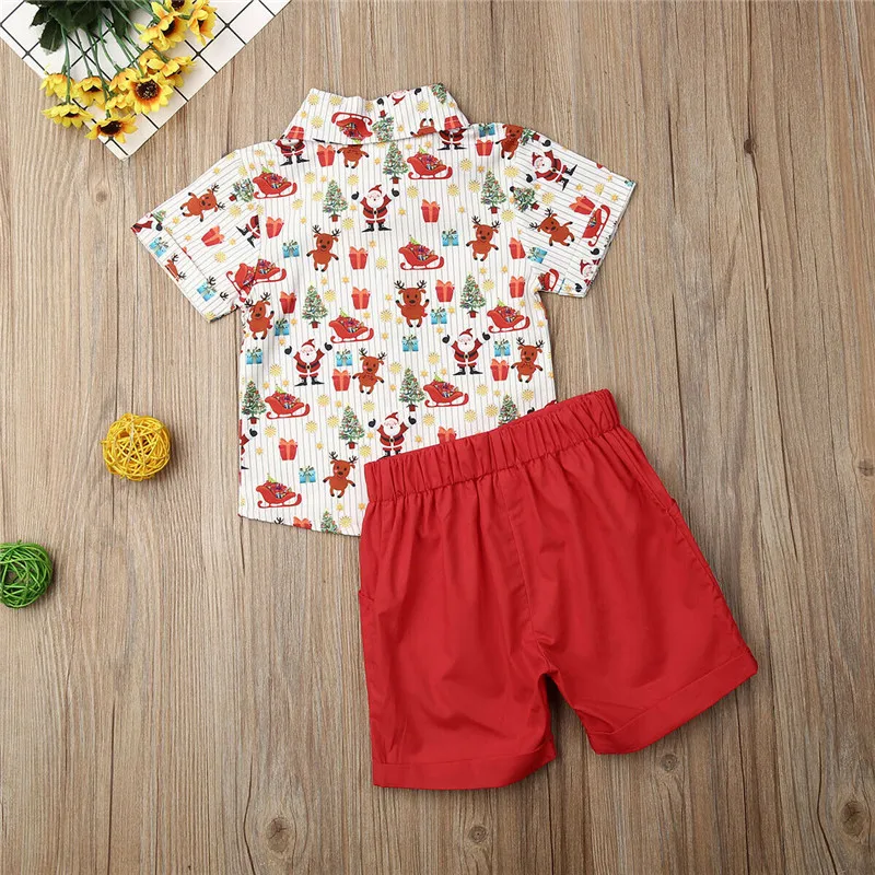 Summer Boys Clothing Sets Children Christmas Clothing Set Kids Boy Clothes Print Shirts+Shorts 2PCS Gentleman Suit With Tie New