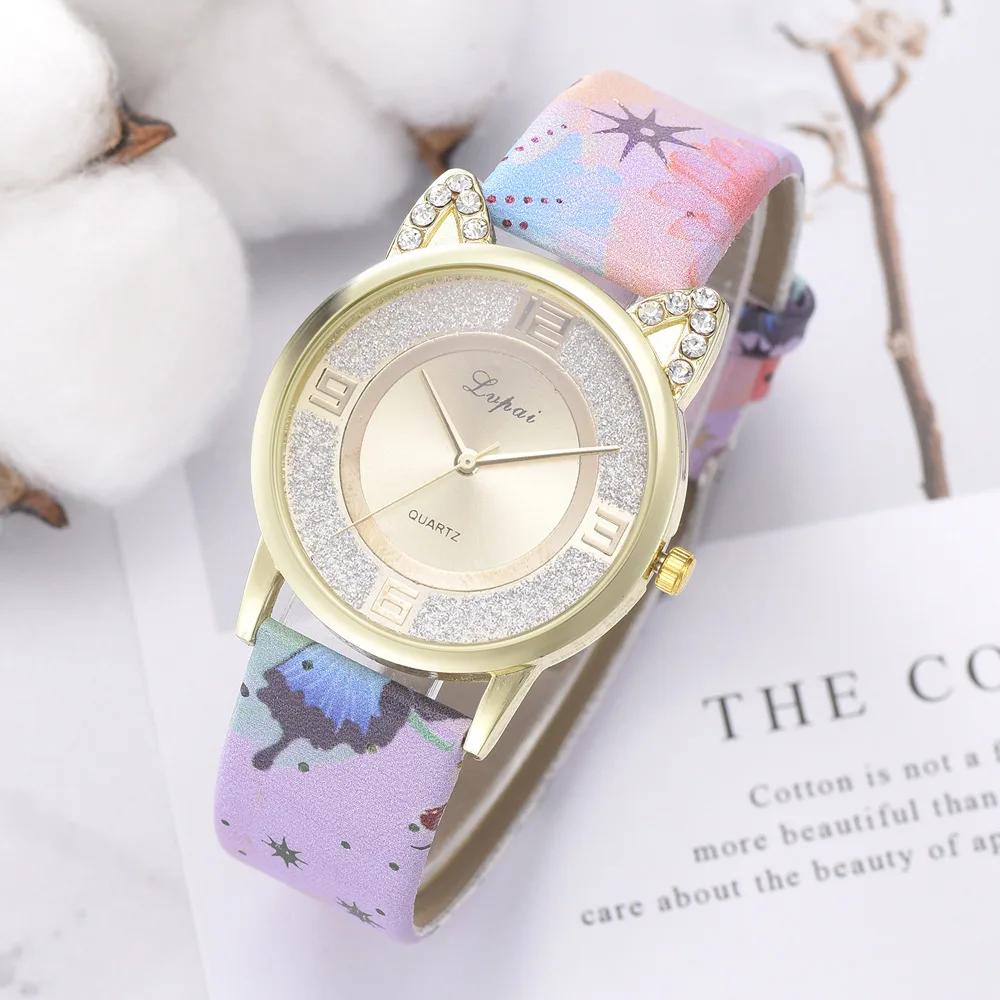 

Fashion Top Brand Women Watch Ladies Cat Face Dial Clock Flower Printed Silicone Quartz Wrist Watch Leather Diamond Montre Femme