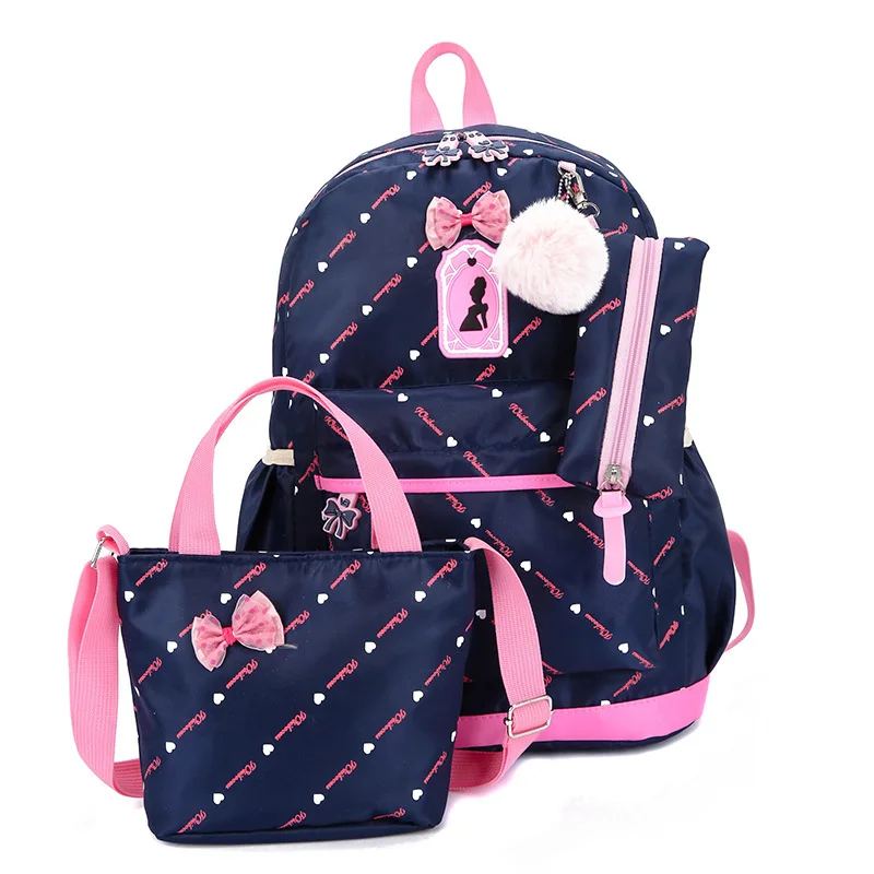 Double-back three-piece backpack middle school student female casual canvas print bow,Schoolbag, backpack,backpack,backpack