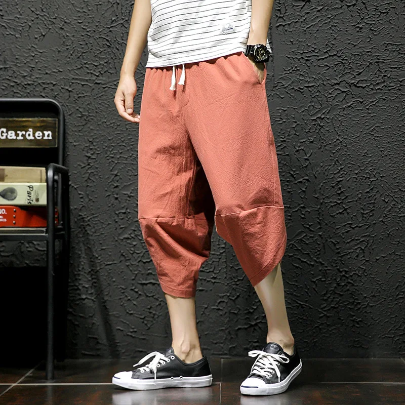 

2018 Summer Men's Japanese-style Loose And Plus-sized Elastic Waist Lace-up Retro Cotton Linen Capri Pants