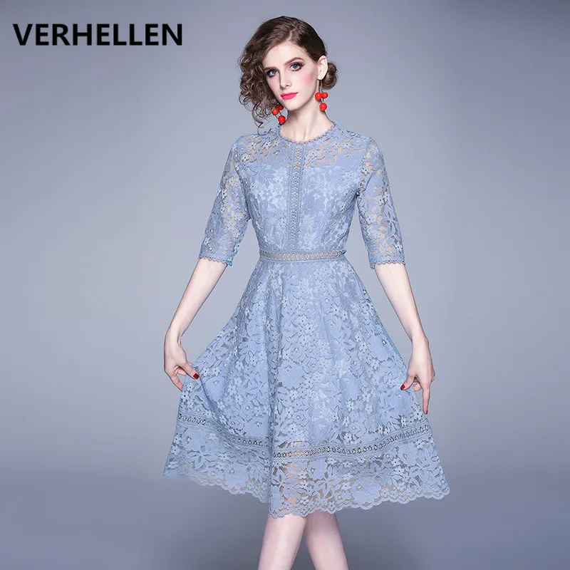 

VERHELLEN High Quality Runway Dress 2019 Autumn Women's 3/4 Sleeve Blue Lace Midi Dress Elegant Casual Party Dresses Vestidos