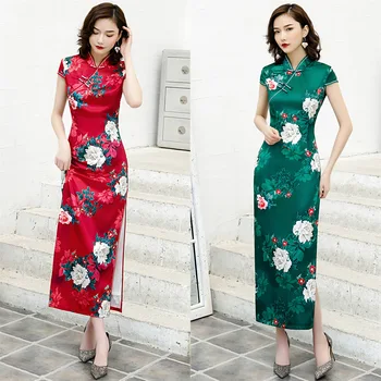 

Oversize 4XL 5XL Vintage Oriental Style Women Stage Show Long Qipao Summer Print Floral Elegant Evening Dress Rayon Cheongsam