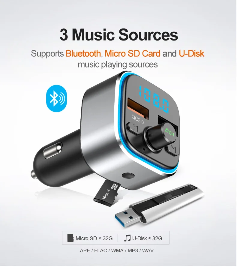QC 3,0 Автомобильный Bluetooth Hands Free MP3-плеер/телефон на радио fm-передатчик T32