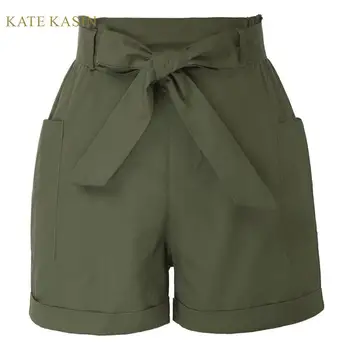 

Kate Kasin Casual Shorts Women Summer Ruffles Elastic High Waist Shorts With Belt 98% Cotton Fold-Up Leg Opening Shorts 2020