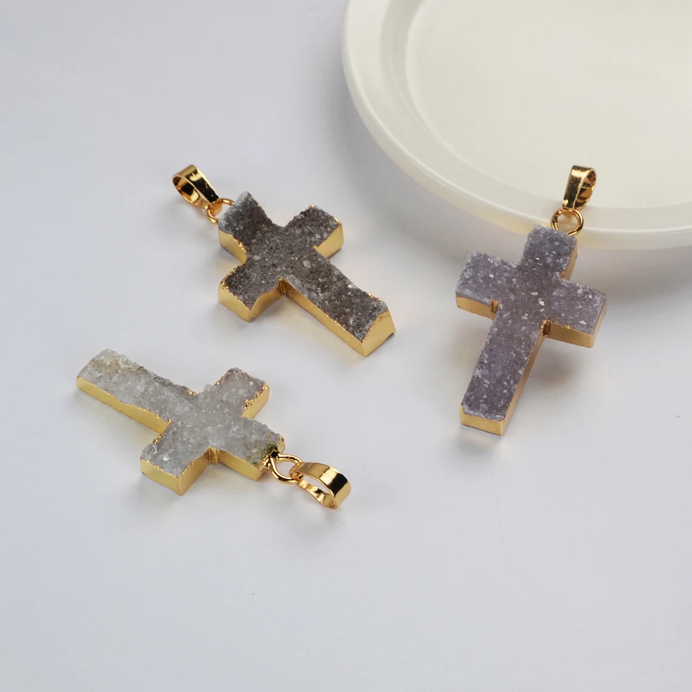 

BOROSA 5/10PCS Mix Color Gold Plated Cross Natural Agate Druzy Pendant For Women's Earrings And Necklaces G2042