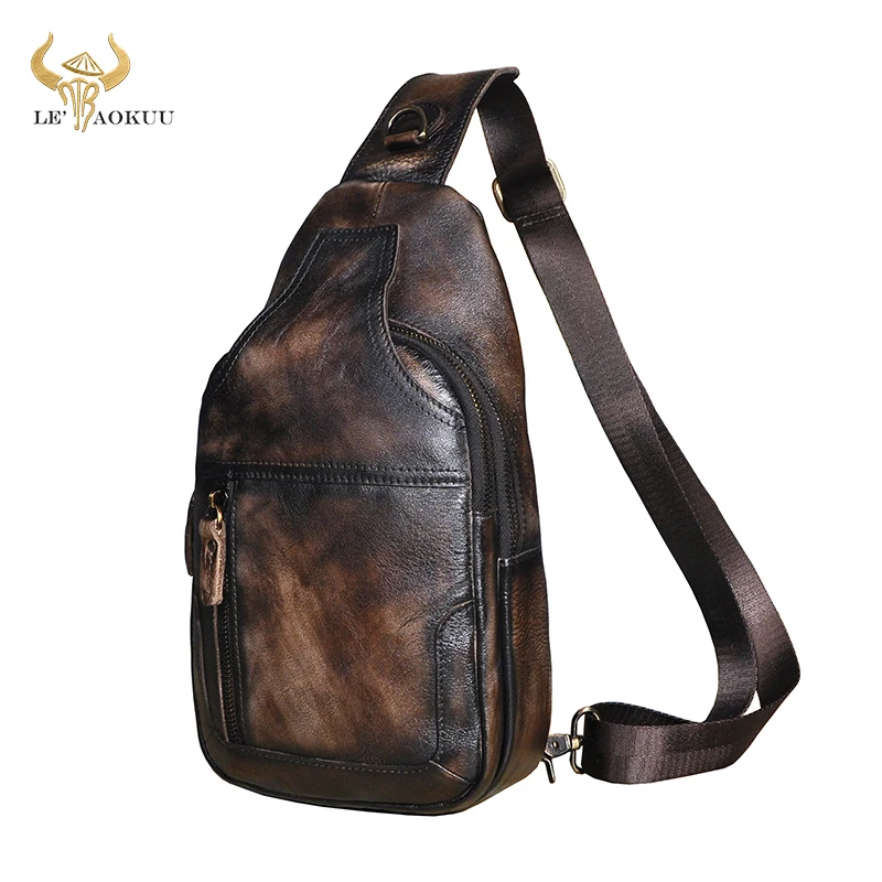 

New Men Natural Leather Casual Fashion Triangle Sling Chest Bag Design Daypack Designer One Shoulder Cross-body Bag Male 6601