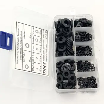 

364pcs 7 Sizes Black Nylon Flat Washer Assortment Kit M2/M2.5/M3/M4/M5/M6/M8+Box Agricultural Machinery Supplies