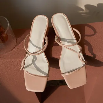 

MLJUESE 2020 women slippers Soft Rome style summer open toe beige color high heels sandals party wedding size 43