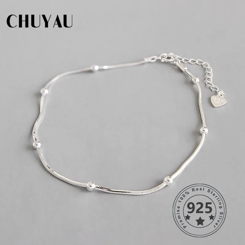 Chuyau 925 sterling silver round bead Snake chain anklets romantic shaped chain adjustable anklets for women summer jewelry Chuyau 925 sterling silver round bead Snake chain anklets romantic shaped chain adjustable anklets for women summer jewelry