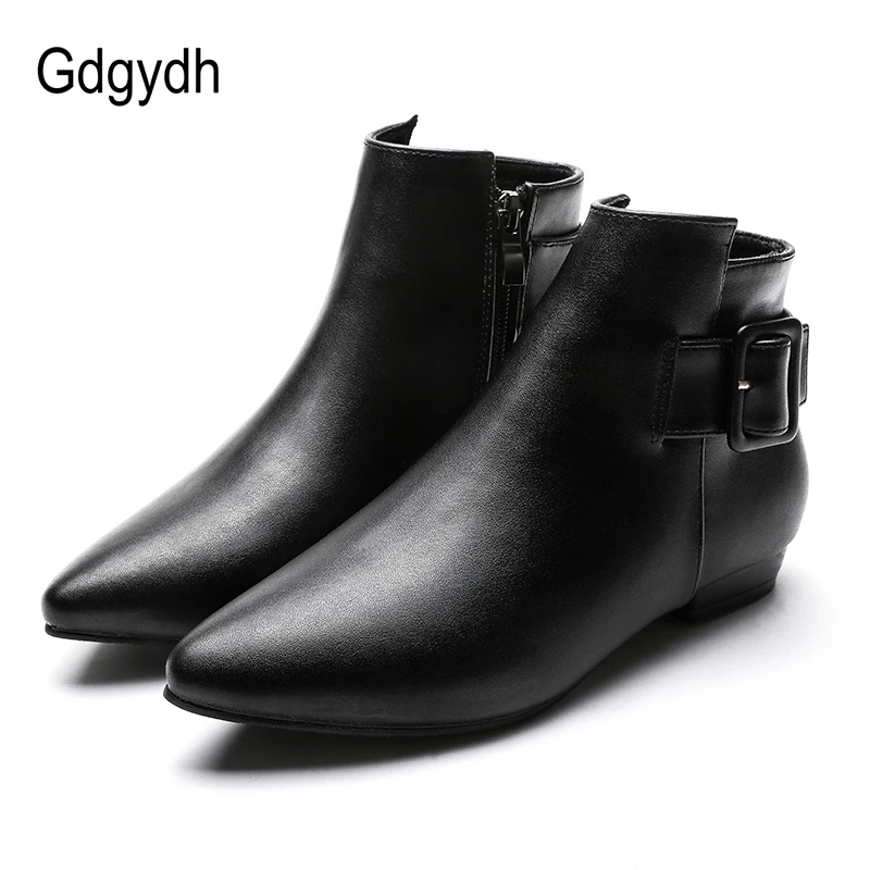 

Gdgydh Black Leather Pointed Toe Boots Ankle Chelsea Boots Women Fashion Buckle Low Heels Gothic Punk Autumn Shoes Female Cheap