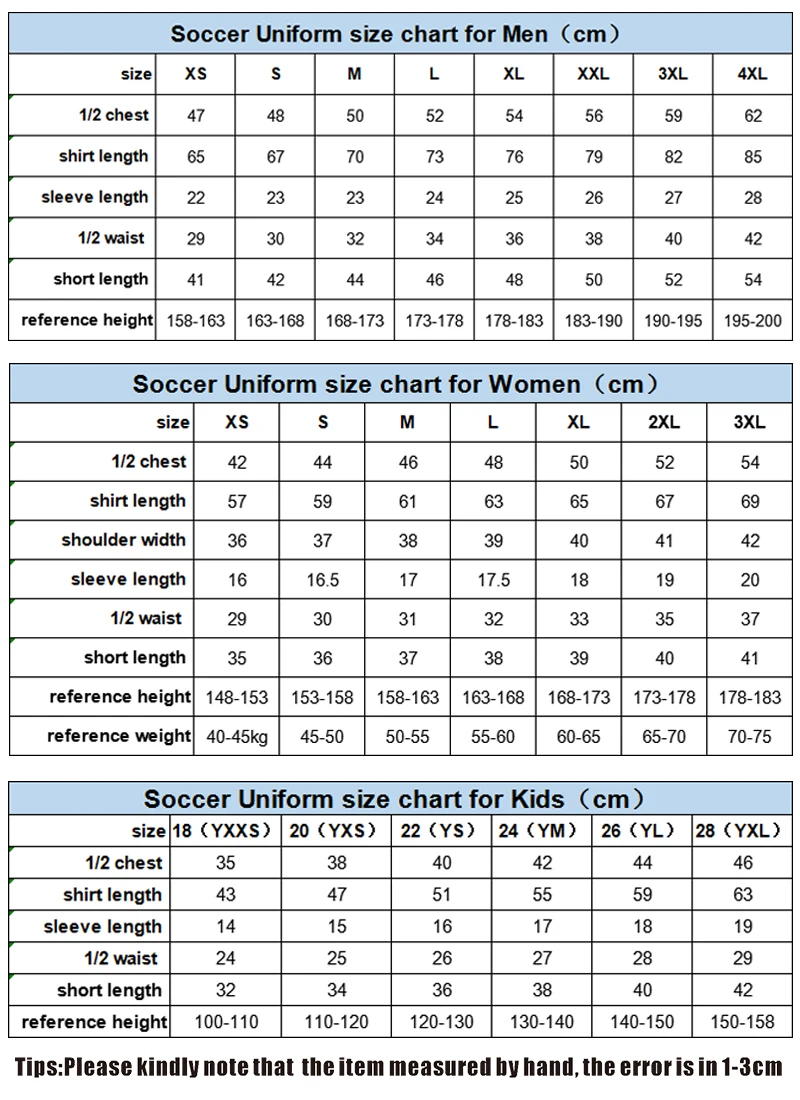 足球服男装+童装尺码表+女装尺码表