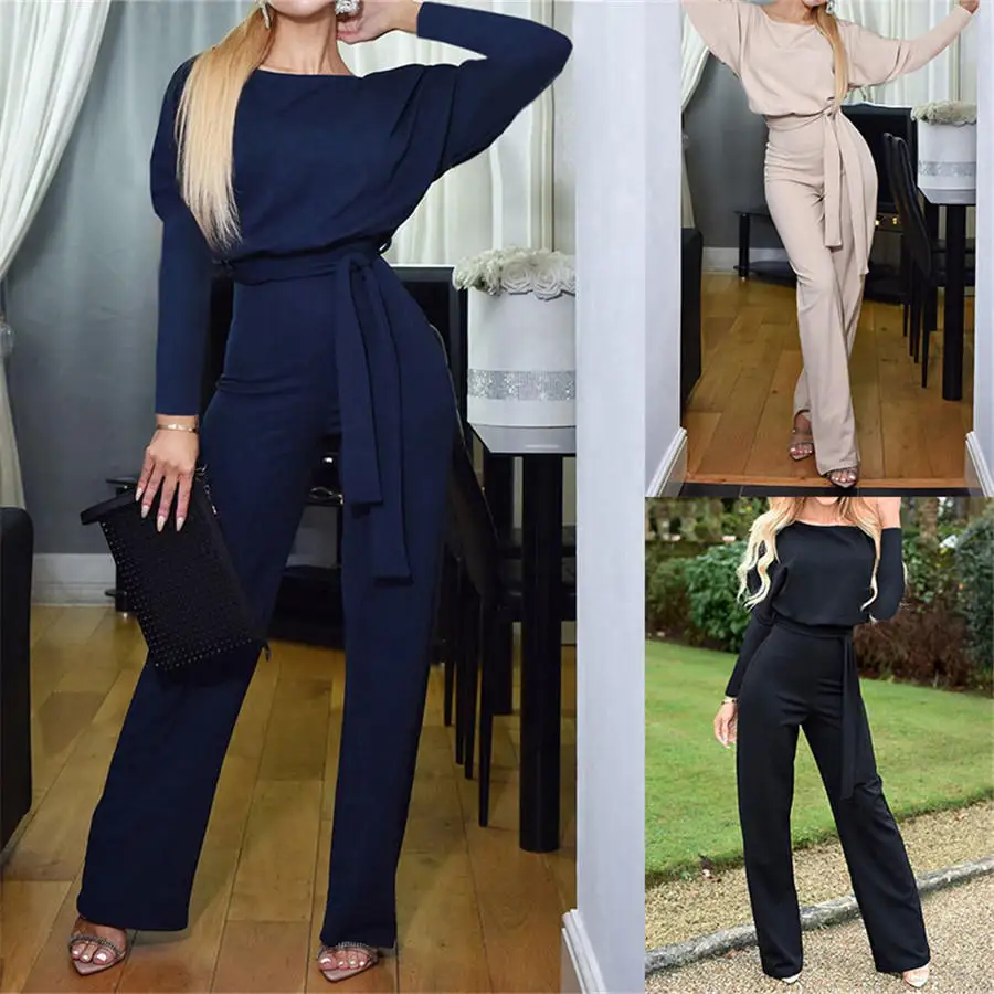Women's Casual Long Sleeve Jumpsuit Loose Overalls Wide Leg Long Pants Rompers with Waistband Ladies Elegant Autumn Clothes