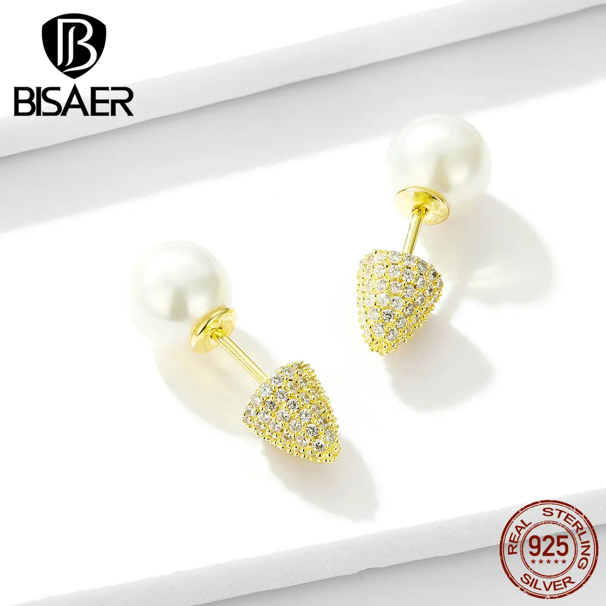 Серьги с жемчугом BISAER, 925 пробы, серебро, треугольная форма, изысканные серьги-гвоздики для женщин, маленькие серьги, ювелирное изделие EFE286
