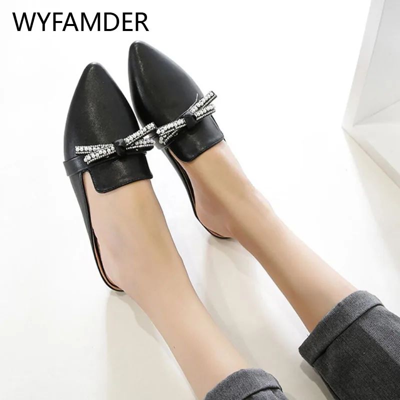 WYFAMDER/2020 Шикарные женские шлепанцы с кристаллами Модные мюли острым носком и