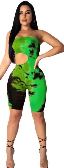 Цветные короткие комбинезоны с принтом Tie Dye, модные повседневные женские комбинезоны без бретелек без рукавов с вырезами A8100G - Цвет: Зеленый