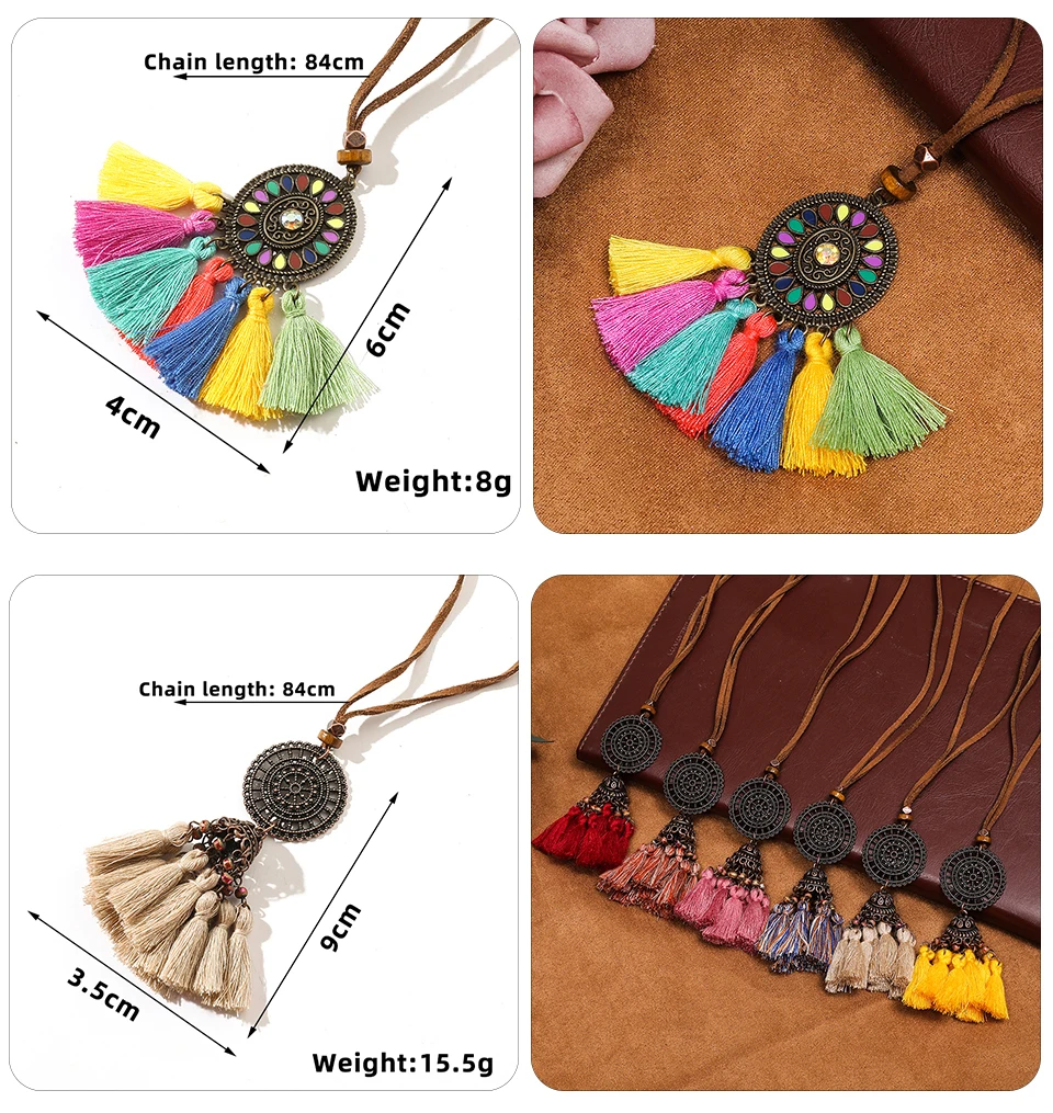 Boho Ethnic Long Sundry Colors Tassel Pendant Necklaces For Women Leather Rope Chain Sweater Women's Necklace Jewelry Gifts Accessories Wholesale Dropshipping (56)